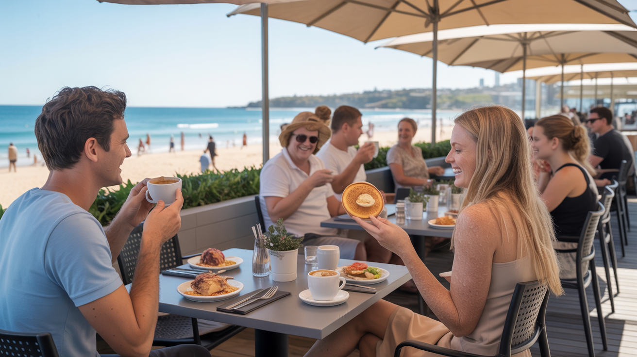 Beachfront cafe dining scene in Brighton-Le-Sands