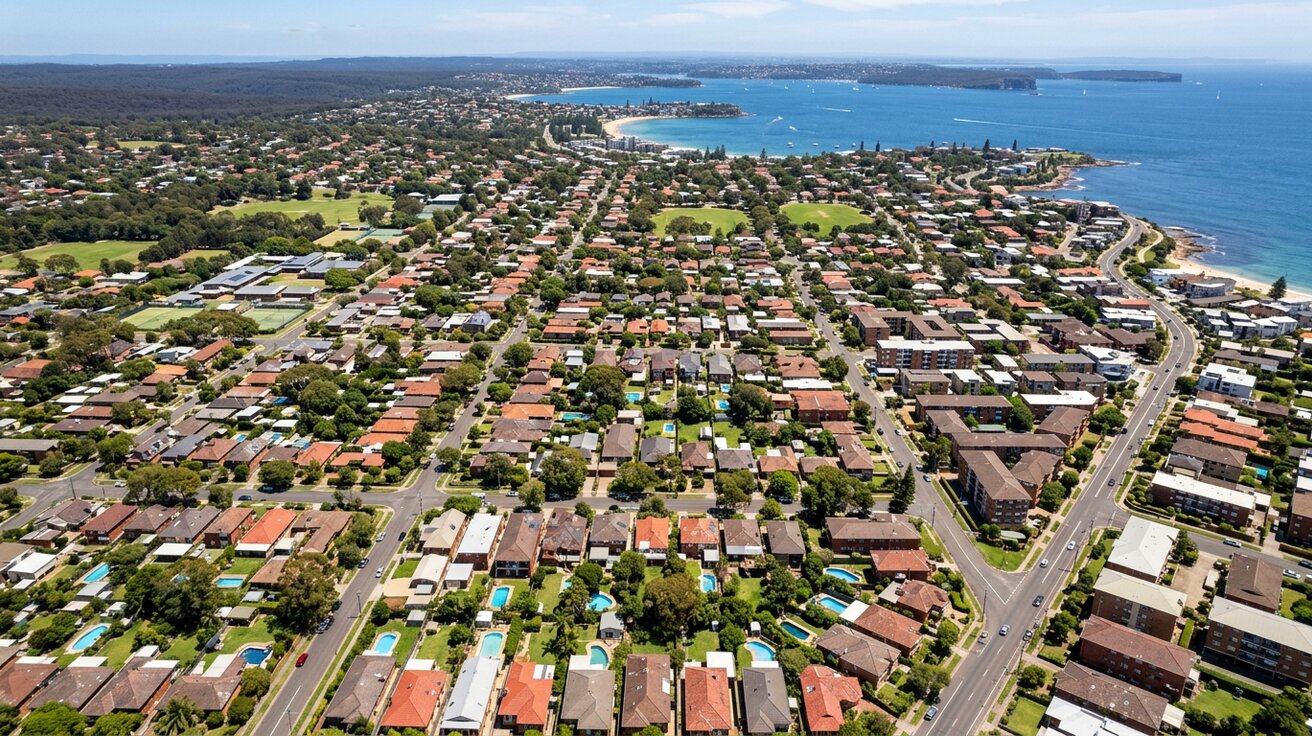 Aerial view of St George suburbs showing residential investment properties