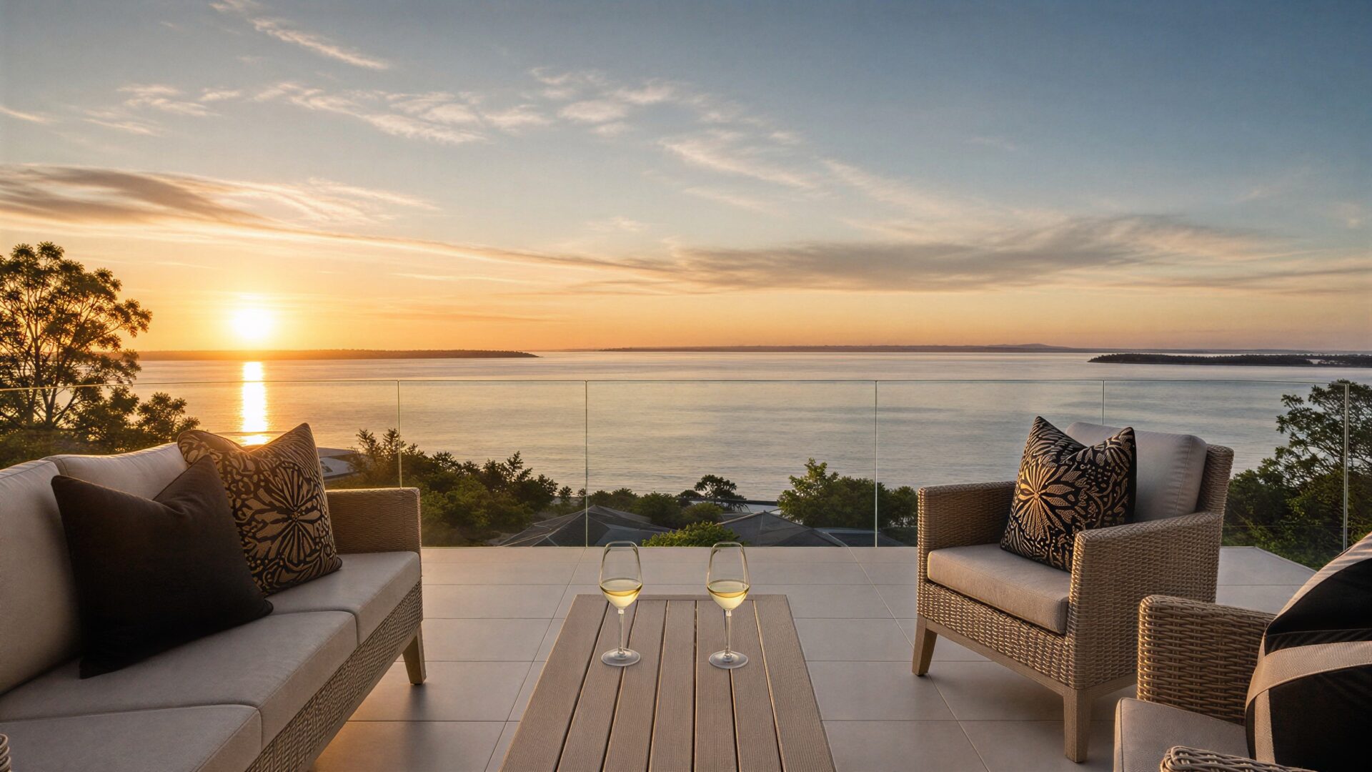 Outdoor terrace with wicker lounge setting overlooking the bay at sunset