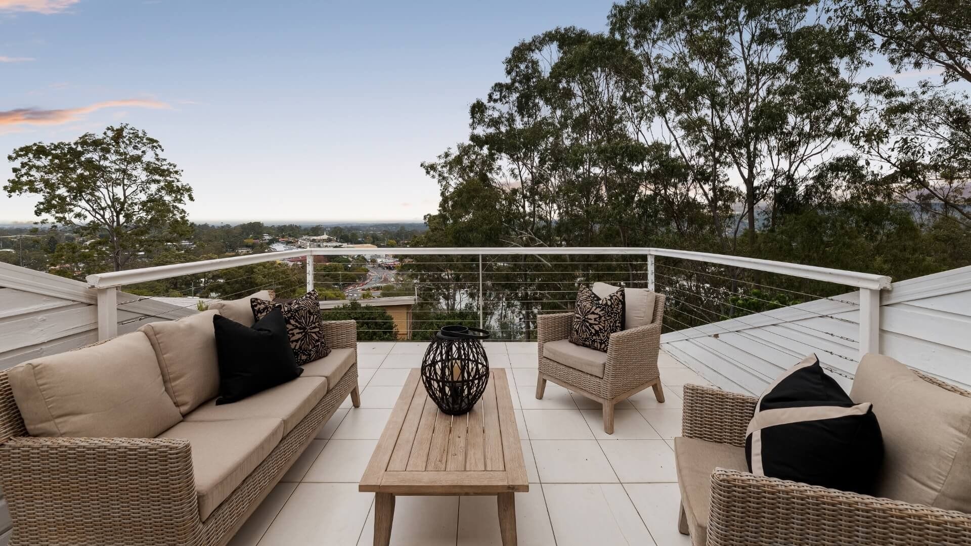 Elegant outdoor terrace with scenic views at sunset