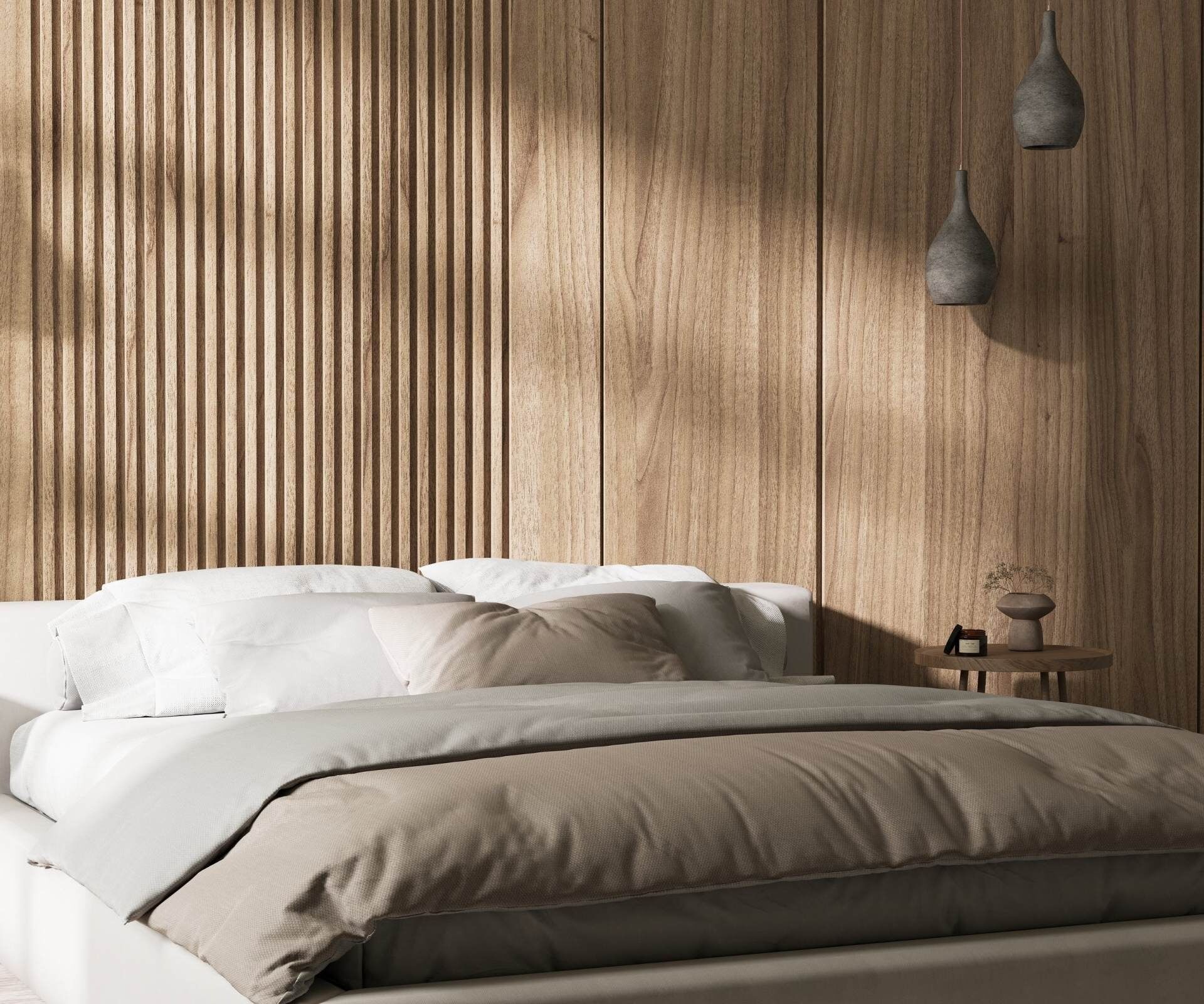 Sophisticated bedroom with modern timber panelling design