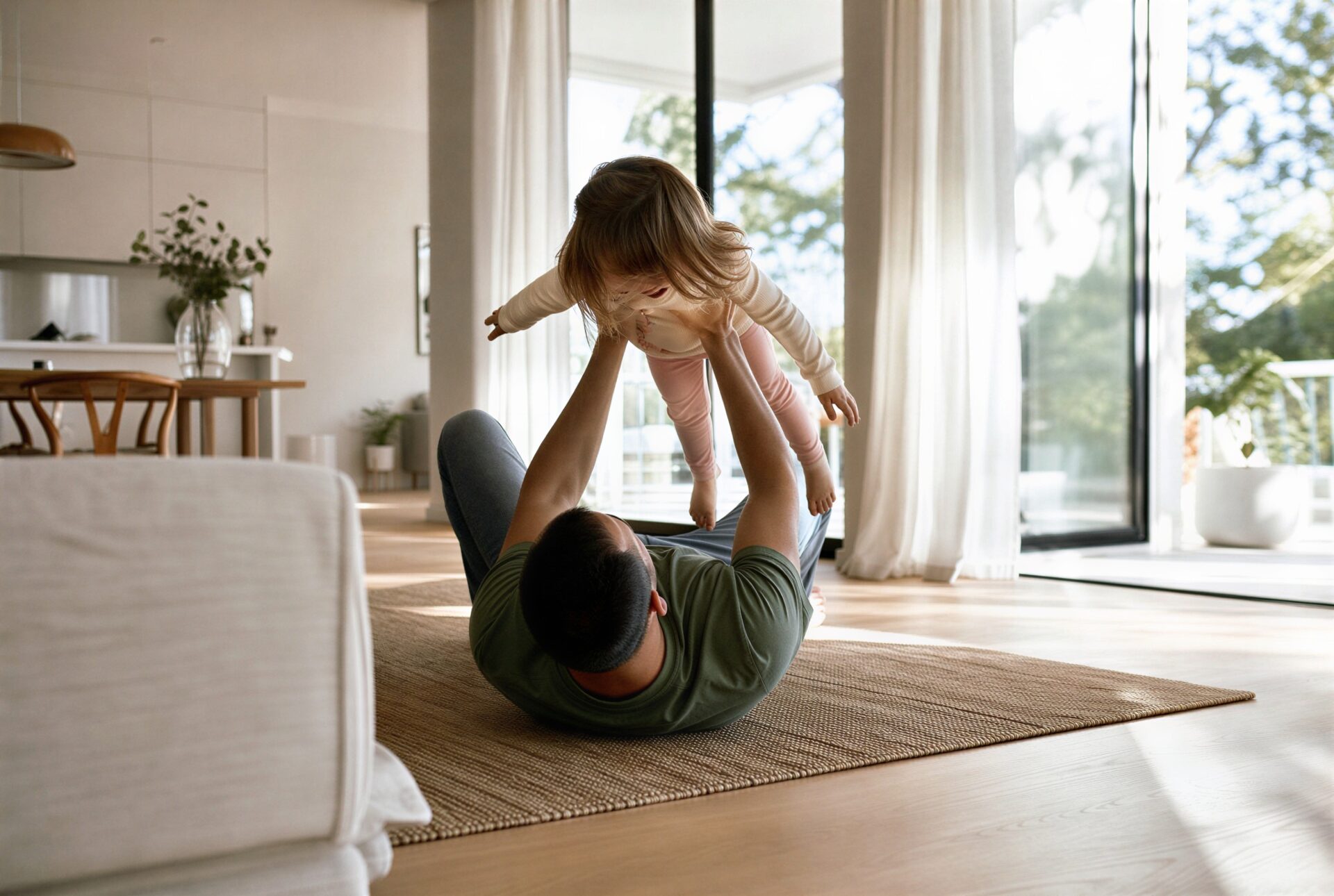 Father lifting daughter in a sunlit modern living room — warm family lifestyle moment