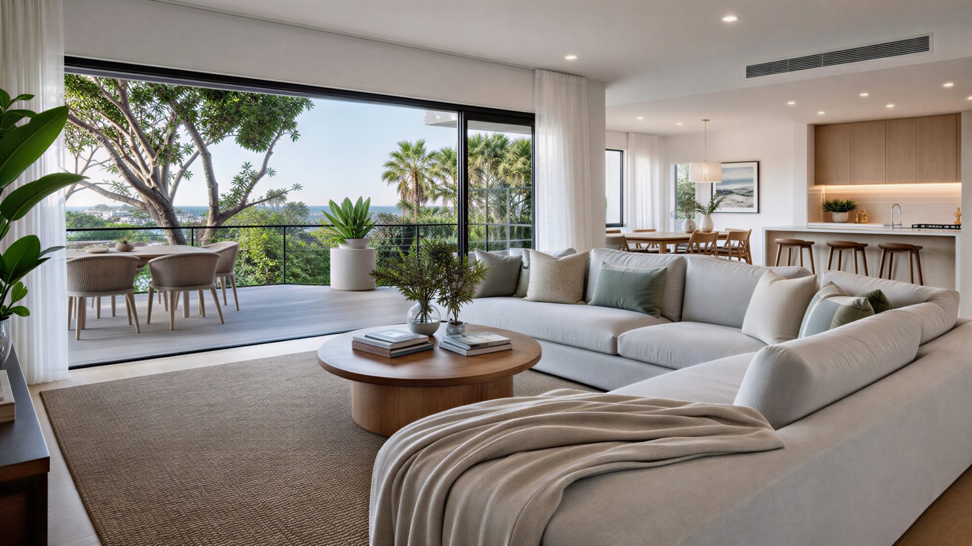 Bright coastal open-plan living room with sectional sofa, kitchen and ocean-view balcony