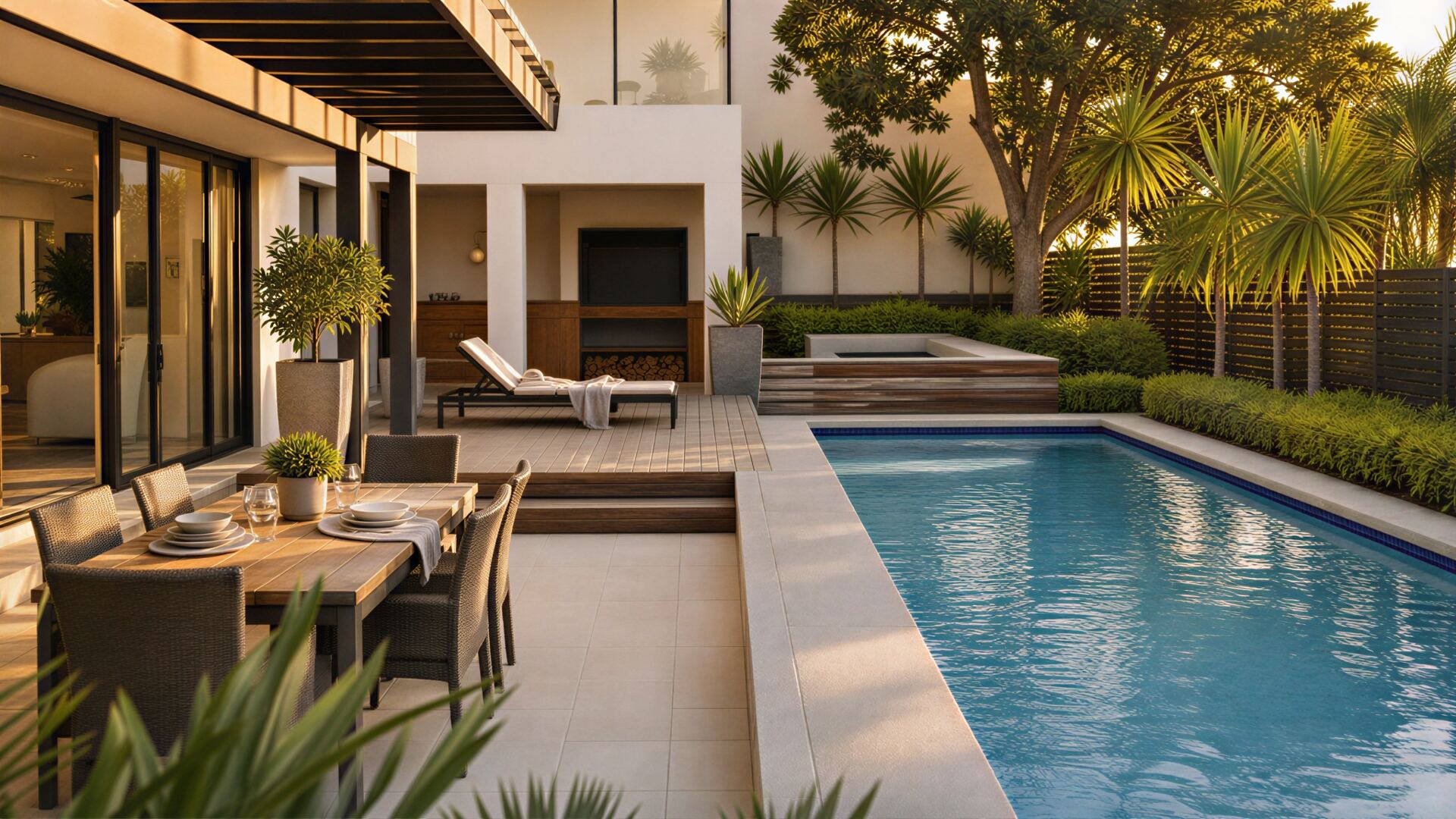 Modern poolside backyard with outdoor dining, lounge and sunset garden views