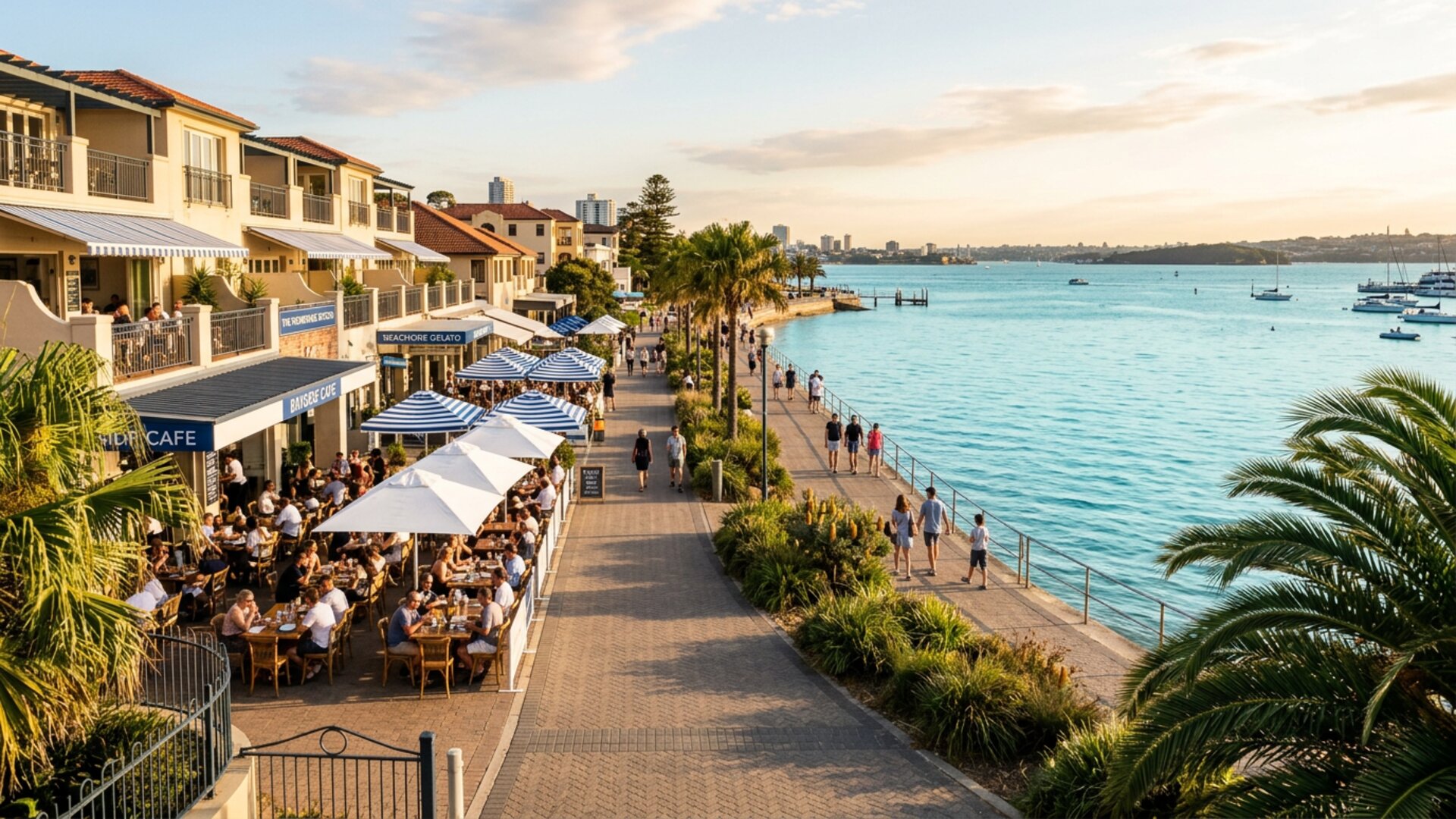 Grand Parade and Bay Street cafes and restaurants with outdoor dining, Brighton-Le-Sands NSW 2216