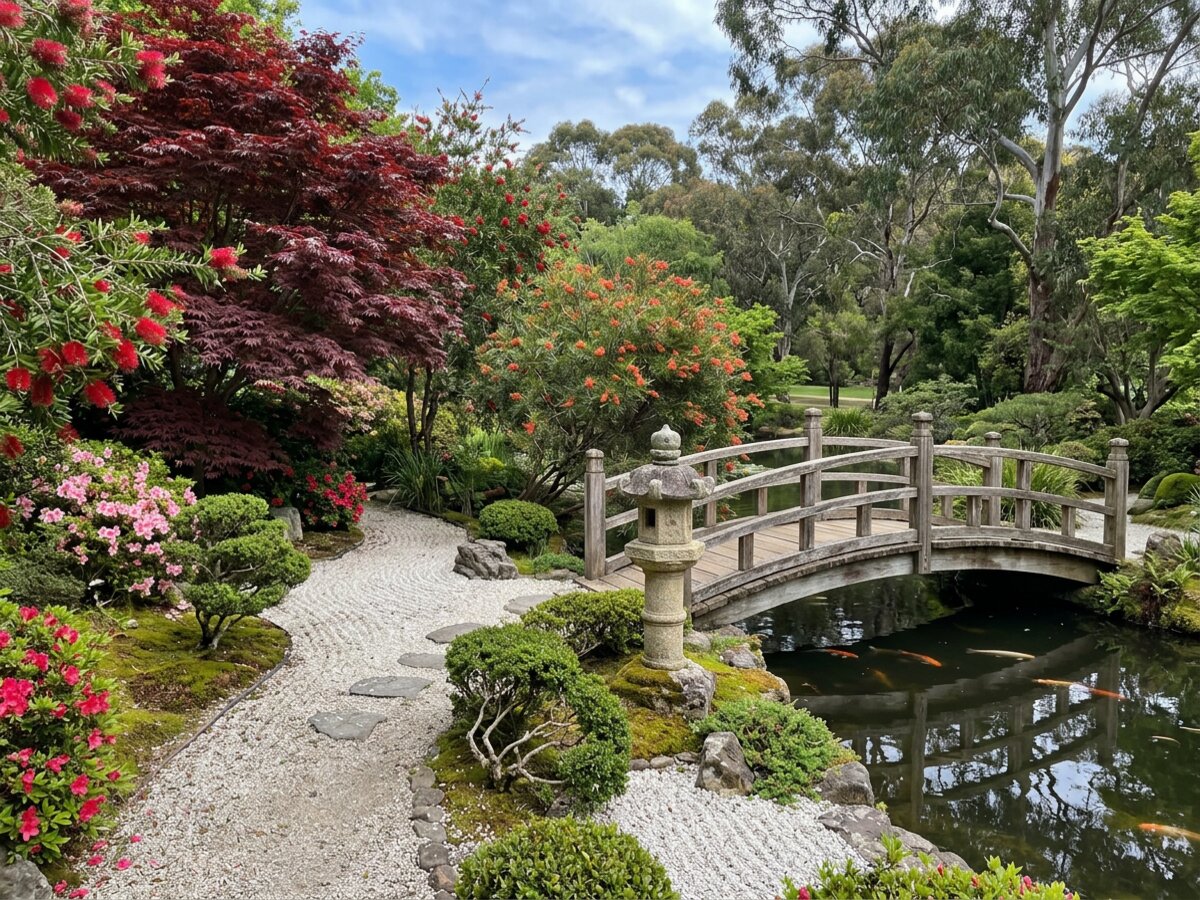 Rockdale Bicentennial Park Japanese-style garden with red bridge and lush greenery, peaceful green space in Sydney NSW 2216