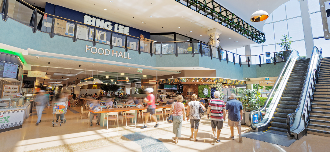 Rockdale Plaza shopping centre food hall interior with Bing Lee, Oliver Brown cafe, and modern dining area in Sydney NSW 2216