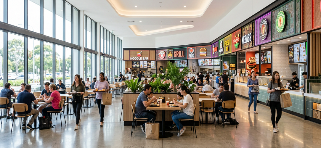 Rockdale Plaza shopping centre food hall interior with Bing Lee, Oliver Brown cafe, and modern dining area in Sydney NSW 2216